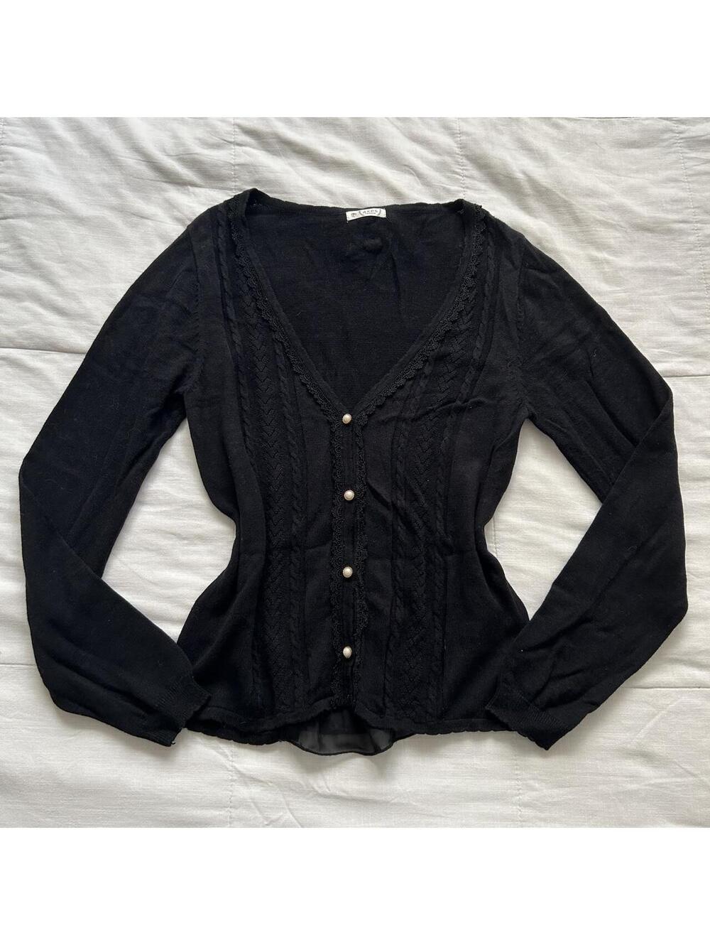 Axes Femme Black Pointelle Lace Pearl Button V Neck Cardigan M Japan